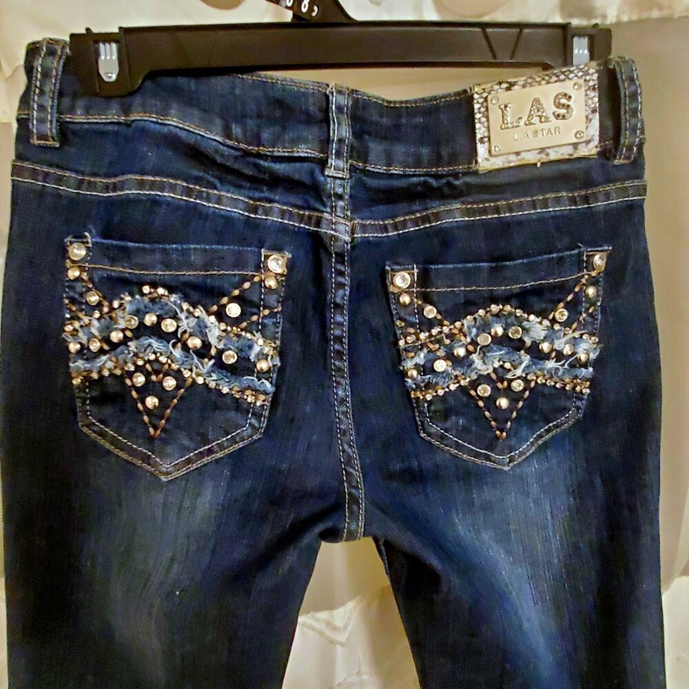 LA Star Jeans Y2K Embellished Rhinestone Skinny Low Rise Pocket Bling Blue Sz 3